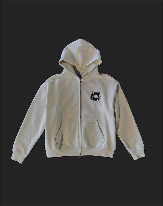 WARM GREY LOGO ZIP-UP HOODIE