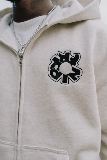 WARM GREY LOGO ZIP-UP HOODIE