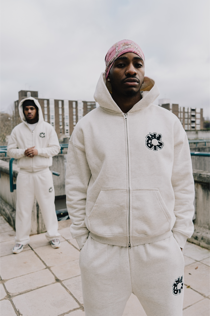 WARM GREY LOGO ZIP-UP HOODIE