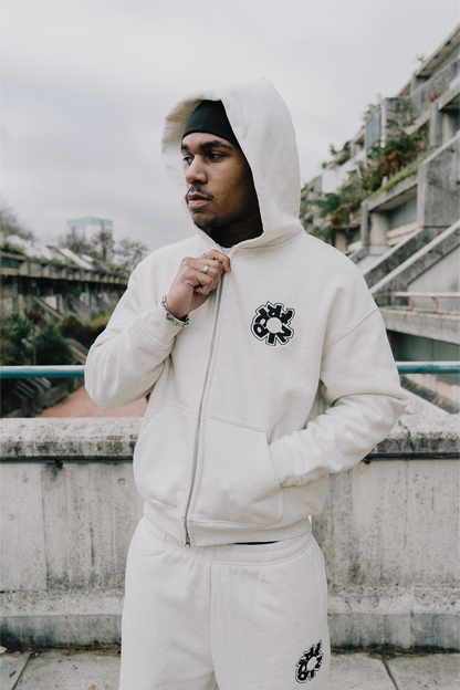 WARM GREY LOGO ZIP-UP HOODIE