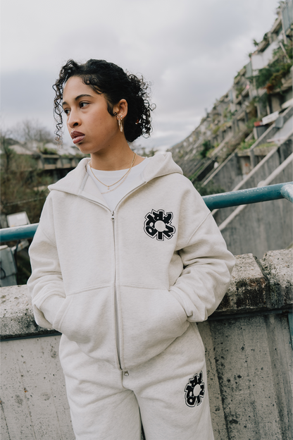 WARM GREY LOGO ZIP-UP HOODIE