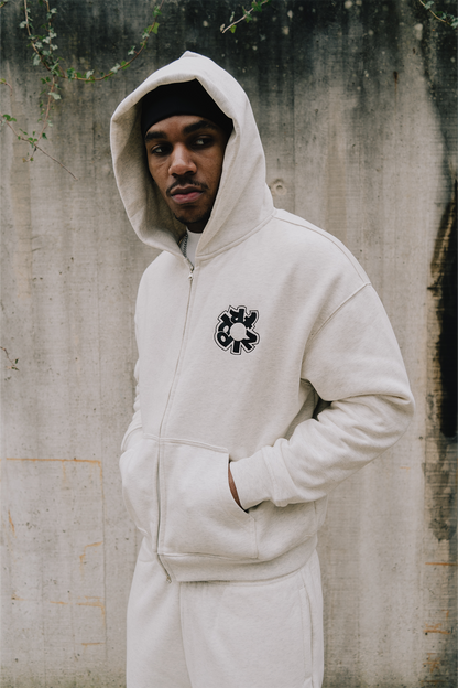 WARM GREY LOGO ZIP-UP HOODIE